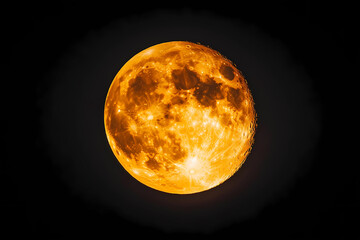 Wall Mural - A full, yellow-orange moon isolated against a black background, with ample copy space