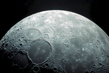 Wall Mural - Photorealistic close-up of the moon's surface, with craters and a grey color, dark background, low-angle shot
