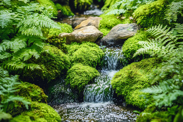 Wall Mural - Beautiful nature scene with lush green moss and ferns, a small stream flowing through the garden