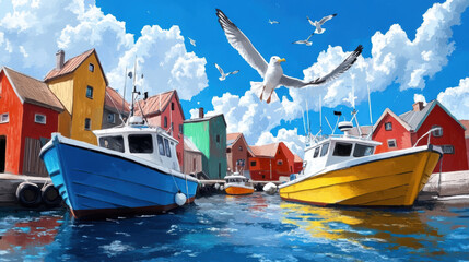 Wall Mural - A quiet fishing village by the sea, colorful boats moored in the harbor and seagulls flying overhead