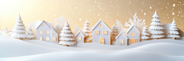 Aufkleber - A charming Christmas village features paper-cut houses and trees blanketed in snow, illuminated with warm light, creating a festive atmosphere. Generative AI