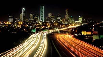 Leinwandbilder - A city skyline at night with light trails from cars driving on the highway creating dynamic lines of motion and energy