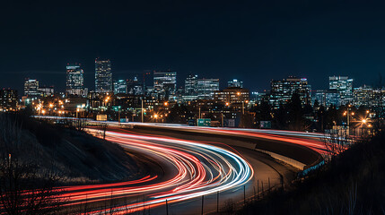 Leinwandbilder - A city skyline at night with streaks of light representing cars moving fast on the highway