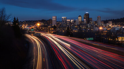 Leinwandbilder - A city skyline at night with streaks of light representing cars moving fast on the highway