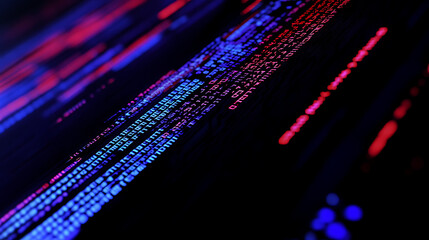 Poster - A closeup of digital code on a screen with blue and red lines representing data flow