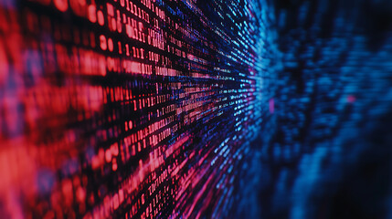 Poster - A closeup of digital code on a screen with blue and red lines representing data flow