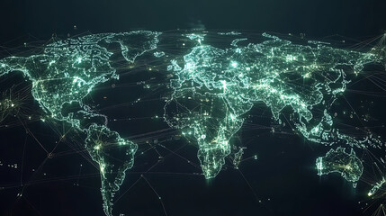 Poster - A digital map of the world with interconnected nodes representing global network connections, data flow and cyber security technology