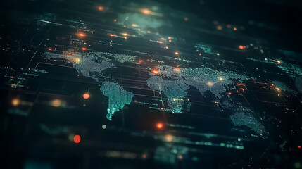 Poster - A digital map of the world with interconnected nodes representing global network connections, data flow and cyber security technology