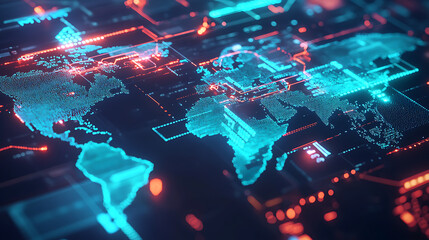 Poster - A digital map of the world with interconnected nodes representing global network connections, data flow and cyber security technology