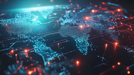Poster - A digital map of the world with interconnected nodes representing global network connections, data flow and cyber security technology