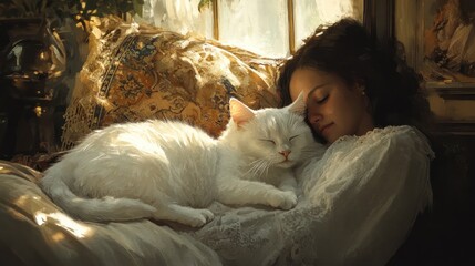 Wall Mural - Peaceful Slumber with a Feline Companion