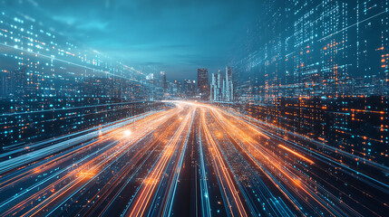 Fototapete - A dynamic cityscape with light trails representing fast movement on the highway