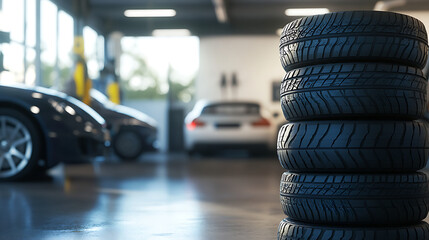 Aufkleber - A stack of tires in the foreground with cars and a white wall inside an automotive shop