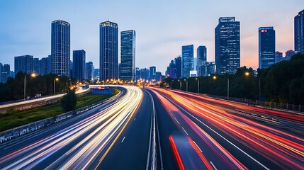 Poster - Abstract cityscape background with blurred light trails on a highway symbolizing speed and technology in urban life