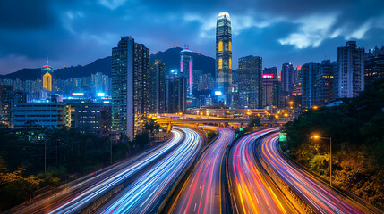 Poster - Abstract cityscape background with blurred light trails on a highway symbolizing speed and technology in urban life