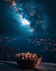 Wall Mural - A basket of sweet and shiny peanuts placed on the table, with an outdoor night view in front of it