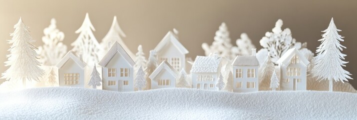 Leinwandbilder - The paper-cut Christmas village showcases cozy houses and softly lit trees, creating a whimsical holiday wonderland. Generative AI