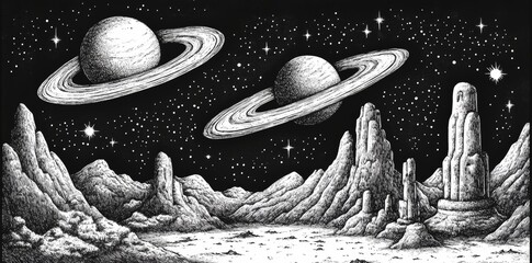 Wall Mural - A deep space panorama with a spiral galaxy, glowing nebula, and stars, rendered in a stippling style. The retro-inspired dotwork, featuring a pointillistic approach, employs grainy, noisy dots for