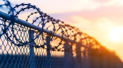 Poster - close up of barbed wire on fence at entrance to a military base or prison with a blurred background