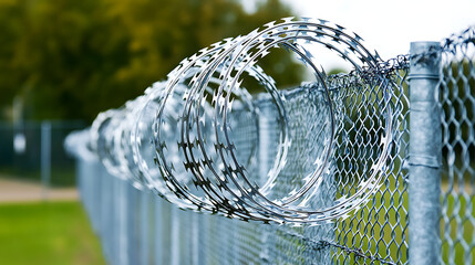 Poster - Close up of barbed wire on fence at entrance to a military base or prison with a blurred background