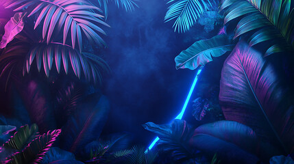 Aufkleber - Dark jungle with blue neon lines and palm leaves mysterious atmosphere nighttime scene