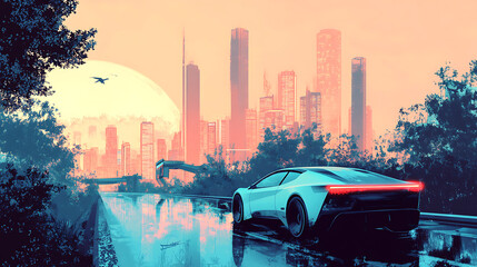 Poster - Illustration of a cityscape with electric vehicle, highlighting eco-friendly transportation and sustainable urban planning in a modern metropolis