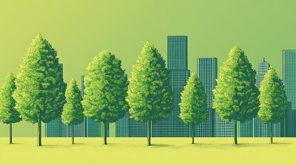 Aufkleber - Illustration of a lush green trees aligned in a row, with a stylized arrow pointing upwards, signifying growth or success, set against the faint outline of urban skyscrapers