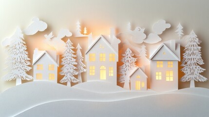 Aufkleber - Crafted from paper, this Christmas village features glowing windows and detailed snowy trees, evoking a serene festive atmosphere. Generative AI