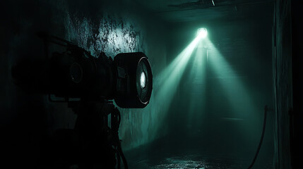 Poster - Movie projector with light beam in a dark setting