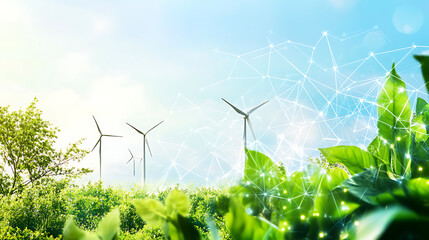 Poster - profitable green energy farm with modern wind turbines spinning against a clear blue sky, symbolizin