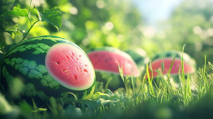 Aufkleber - Ripe large watermelons on a watermelon field, background blurred