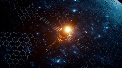Poster - A digital rendering shows a satellite orbiting a planet with a futuristic honeycomb network overlay. The satellite emits a bright light, suggesting communication or energy transmission