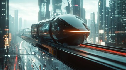 Poster - A sleek electric vehicle travels effortlessly on an elevated track above a bustling city. Skyscrapers illuminate the backdrop while rain-drenched streets reflect vibrant lights.