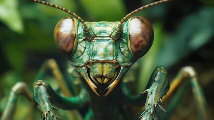 Close-up Portrait of a Green Praying Mantis