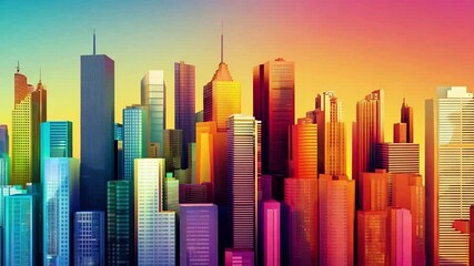 Poster - Vibrant abstract city skyline showcasing colorful buildings under a gradient sky at sunset