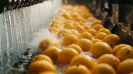 Poster - Oranges move along a conveyor belt in a juice processing facility, where they are washed and prepared. Water splashes over the vibrant fruit, highlighting an efficient system for juice production.