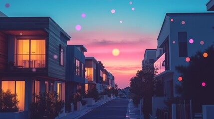 Poster - Brightly lit modern residences line a quiet street as the sun sets, casting colorful hues across the sky. The peaceful atmosphere offers a glimpse into vibrant living in a growing community.