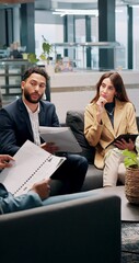 Poster - corporate, meeting and business people with documents in office for feedback, review and discussion 