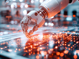 Poster - Ai generated robotic arm manipulating technology industrial workshop digital art futuristic environment close-up view innovation concept