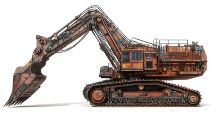 Poster - A crawler excavator is shown isolated on a white background, featuring a close-up of the powerful machine with its extended bucket, This construction equipment is commonly used for earthworks