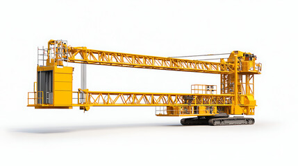 Poster - A full-height yellow tower crane, depicted in a 3D rendering, stands alone against a white background, It represents building and construction, showcasing machinery and equipment through 3D modeling