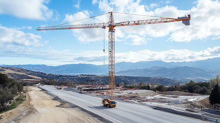 Poster - A mobile crane navigating a road and a tower crane positioned at a construction site