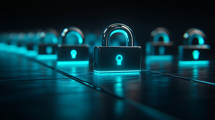 Leinwandbilder - A row of digital padlocks lined up on a dark digital background, glowing in neon blue, symbolizing data protection