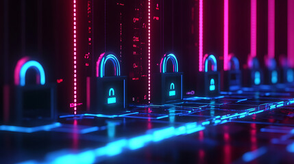 Aufkleber - A row of digital padlocks lined up on a dark digital background, glowing in neon blue, symbolizing data protection