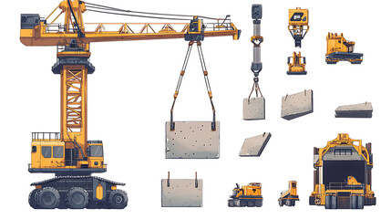 Poster - A set of construction machinery is designed in a flat style and isolated on a white background, It includes a tall crane lifting concrete slabs or releasing them