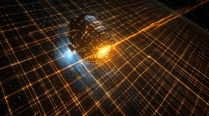 Poster - A glowing, intricate spacecraft traverses a complex, gridlike network spanning across a dark, starry backdrop. Orange energy lines illuminate the scene. Scifi technology and space exploration are prom
