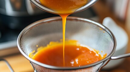 Aufkleber - A vibrant orange juice is being strained as it flows through a fine mesh sieve into a bowl below. The setup showcases a busy kitchen with a focus on the juice-making process.