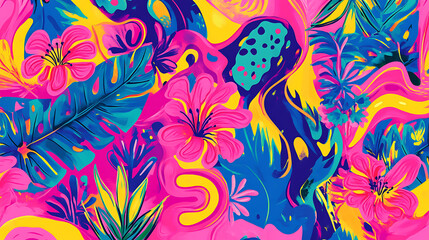 Poster - A vibrant and psychedelic seamless pattern featuring bright and colorful floral and plant elements, designed in a funky style