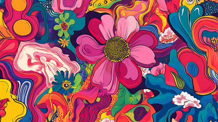 Poster - A vibrant and psychedelic seamless pattern featuring bright and colorful floral and plant elements, designed in a funky style