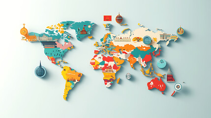 Poster - A world map on a flat plane with a primary focus, Colorful badges are attached to the capital of each country